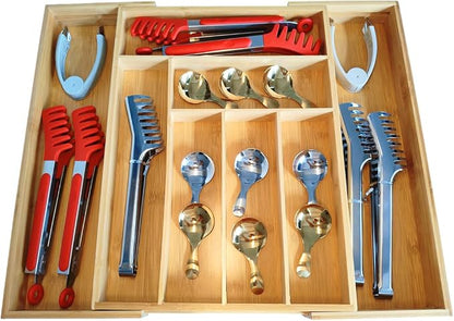 Adjustable Bamboo Drawer Organizer, Expandable Silverware Drawer Organizer, Large Cutlery Tray with Wooden Drawer Dividers for Flatware Organizing Kitchen Utensils Holder (6-8 Slots, Natural)
