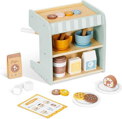 OOOK 2-in-1 Wooden Coffee Maker Set for Kids, 28Pcs Pretend Play Coffee Shop Toys with Play Kitchen Accessories & Food Toys, Birthday Gift for Girls Boys Age 3+