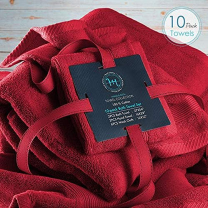 Hearth & Harbor Bath Towels for Bathroom - 100% Ring Spun Cotton Luxury Bathroom Towels - Ultra Soft & Highly Absorbent, Bath Towels Set of 10 - Burgundy Red