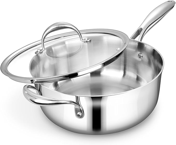 KEAWELL K3 Premium 4-Quart Tri-Ply Fully Clad Stainless Steel Sauté Pan with Lid, Induction & Oven Safe up to 600°F, Even Heating, Professional Cookware for All Stovetops (4-Qt)