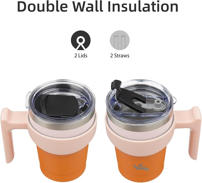 Konokyo 10 oz Tumbler with Handle and 2 Straw 2 Lid, Insulated Water Bottle Stainless Steel Vacuum Cup Reusable Travel Mug,Coral