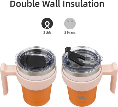 Konokyo 10 oz Tumbler with Handle and 2 Straw 2 Lid, Insulated Water Bottle Stainless Steel Vacuum Cup Reusable Travel Mug,Coral