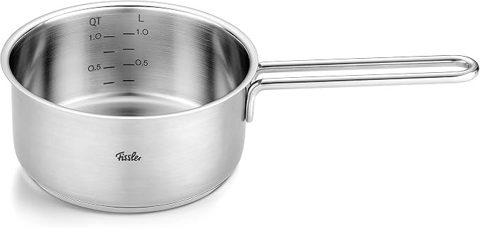 Fissler Pure Collection 6-Piece Stainless Steel Saucepan Set with Metal Lids (3 Saucepans, 1 Stewing Pan 1 Saucepan 1 Stainless Steel Care) - Induction, Silver