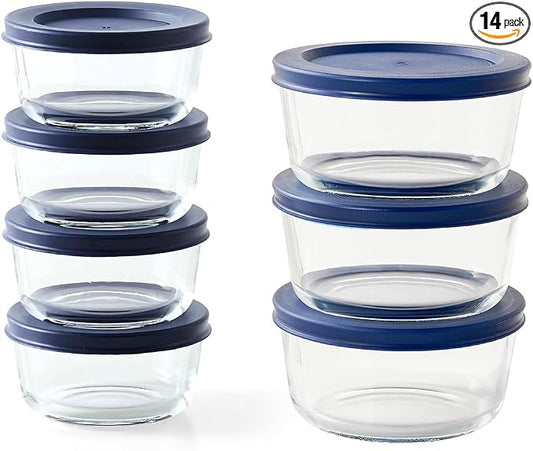 14-Piece Glass Food Storage Containers Set (7 Containers + 7 BPA-Free Lids) | 1-Cup & 2-Cup, Leakproof | Microwave, Freezer, Oven & Dishwasher Safe | Ideal for Meal Prep & Pantry Organization, Blue