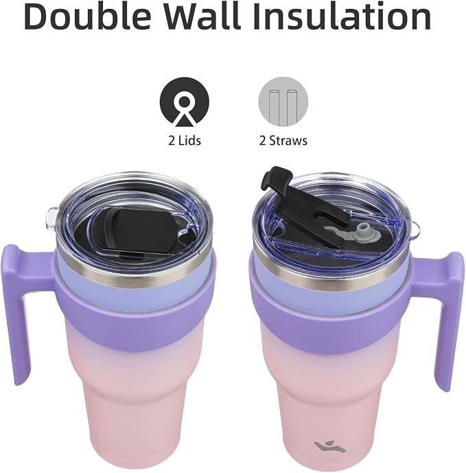 Konokyo 30 oz Tumbler with Handle and 2 Straw 2 Lid, Insulated Water Bottle Stainless Steel Vacuum Cup Reusable Travel Mug,Pastel Sunset