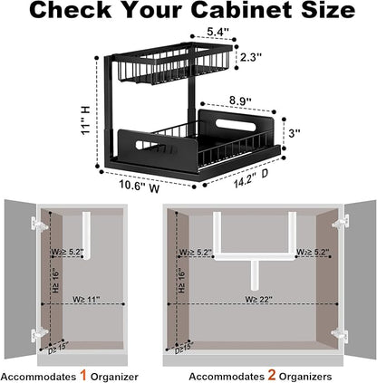 REALINN Under Sink Organizer, L-Shaped 2 Tier Pull Out Cabinet Organizer for Kitchen and Bathroom, Slide Out Under Cabinet Storage, Metal Under Sink Storage with Sliding Drawer, 50 lbs, Black 2 Pack