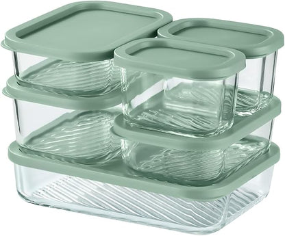 EATEX 6 Pack Glass Meal Prep Containers with Grooved Base, 6 Stackable BPA Free Glass Storage Containers with Lids for Lunch, Pantry, and Kitchen - Microwave, Dishwasher Freezer & Oven Safe - Sage