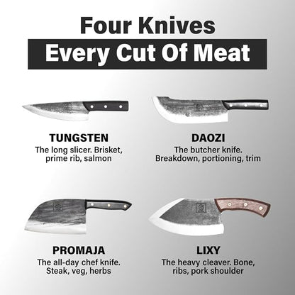 COOLINA Meat Lover 4-Knife Set, Hand-Forged High-Carbon Steel Kitchen Knives for Butchering, Slicing & Carving, Includes Promaja Cleaver, Lixy, Daozi & Altomino Tungsten Knife, Wood Handle