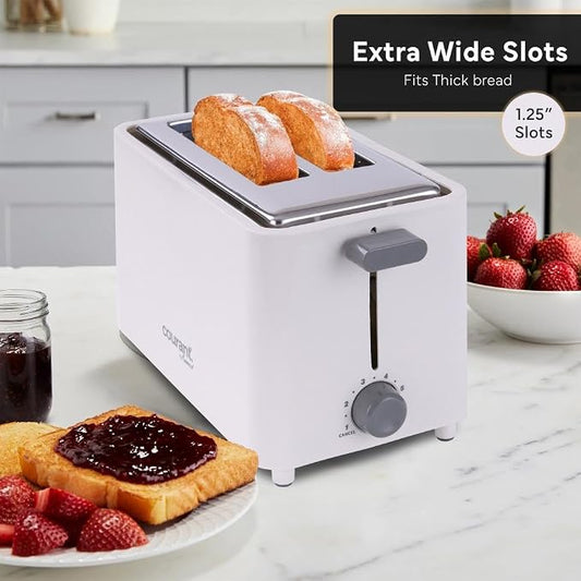 Courant 2-Slice Toaster Cool Touch with Extra Wide Slots For Bread, Bagels & Waffle with 6 Adjustable Shade Settings, Crumb Tray & Cancel Function Extra-Lift Feature, compact Design – White