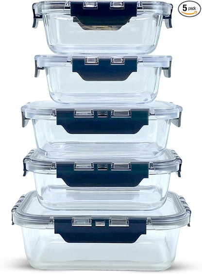 Glass Food Storage Containers with Lids, 5-Piece Set – Airtight, Leakproof, Oven & Freezer Safe, BPA-Free