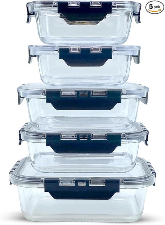 Glass Food Storage Containers with Lids, 5-Piece Set – Airtight, Leakproof, Oven & Freezer Safe, BPA-Free