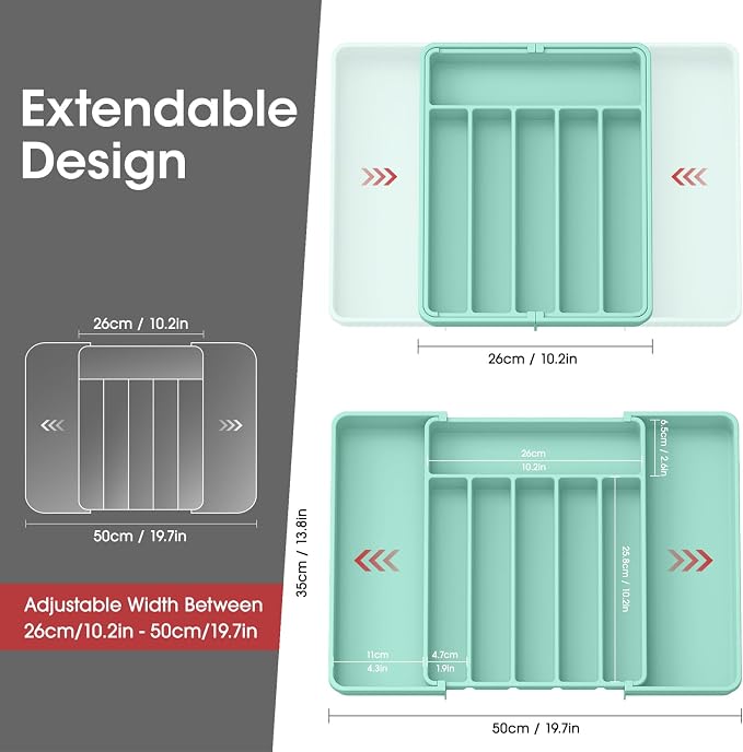 Aujen Silverware Organizer - Expandable Kitchen Drawer Organizer, Adjustable Utensil Organizer, Cutlery Tray for Forks, Knives, Multipurpose Kitchen Organizers and Storage Solution, Green, Large