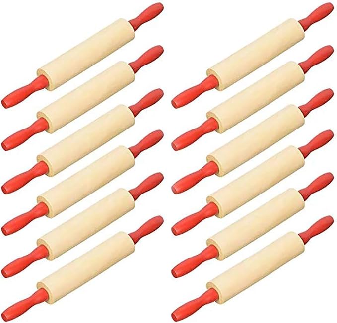 Mini Rolling 7.5 Inch Rolling Pin for Play Dough - Wood Kids Rolling Pin For Little Bakers, With Red Handles Arts and Crafts Clay Roller, 7.5" (144-Pack)