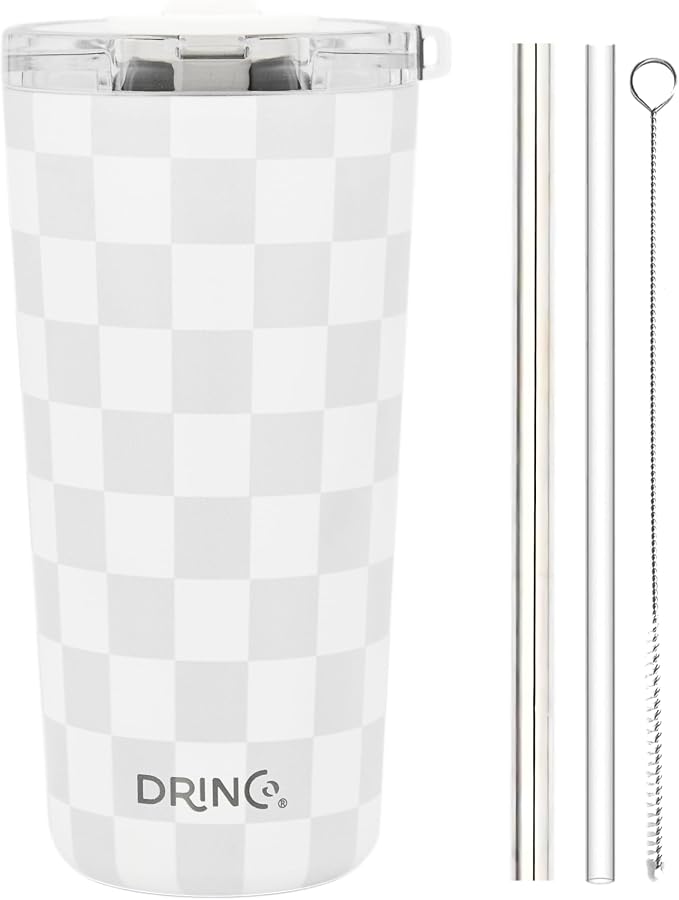 Drinco - 20 oz Stainless Steel Tumbler | Double Walled Vacuum Insulated Mug With Lid, 2 Straws, For Hot & Cold Drinks (20oz Checker)