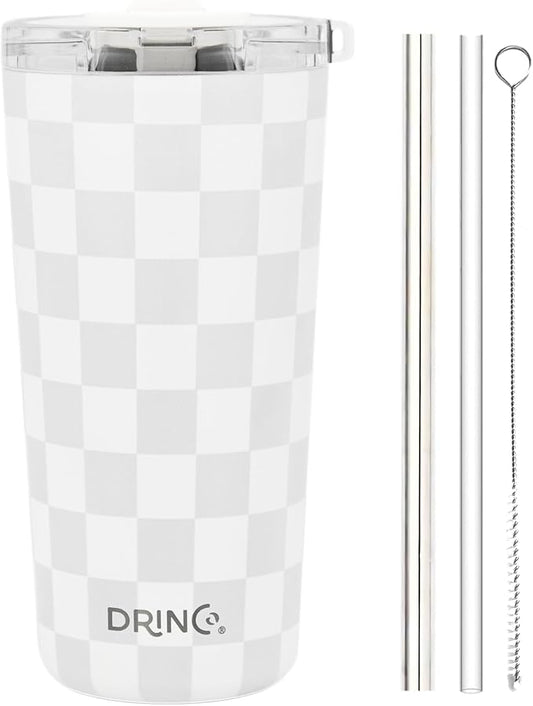 Drinco - 20 oz Stainless Steel Tumbler | Double Walled Vacuum Insulated Mug With Lid, 2 Straws, For Hot & Cold Drinks (20oz Checker)