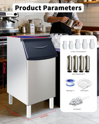 Commercial Ice Maker Storage Bin, 350lbs Capacity Ice-Bin, Stainless Steel Commercial Ice Storage Bin Filled with Foam Layer, Keep Frozen Over 12 Hours Suitable for Beverage Shops and Restaurant Hotel