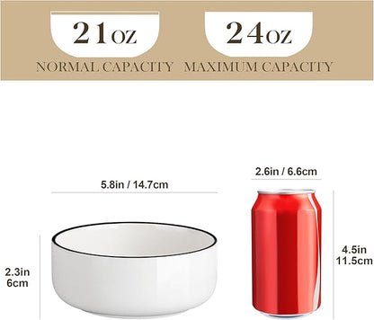 MALACASA 24 OZ Cereal Bowls, Porcelain Soup Oatmeal Bowls Set of 6, White Kitchen Ceramic Serving Bowl wtih Black Rim, Dishwasher Microwave Oven Safe, White, Series LUNA