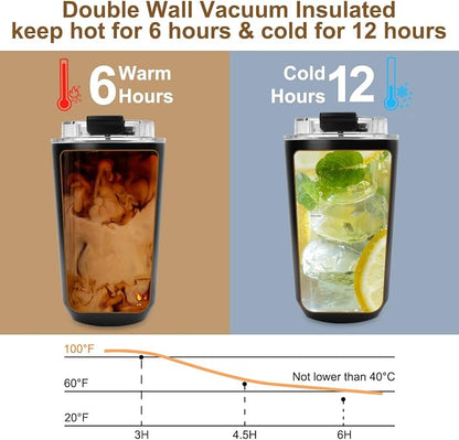 PHILORN Travel Mug Spill Proof - 12 OZ Insulated Coffee Cup With Lid, Black Stainless Steel Coffee Mug with Double Wall, For Hot and Cold Drinks