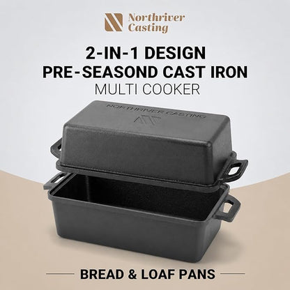 Northriver Casting 9×5 Inch Cast Iron Loaf Pan with Lid | Bread Baking Pan | Even Heat Distribution for Homemade Bread, Cake, and Meatloaf | 2 Piece Set