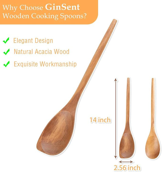 GinSent 2PCS Wooden Spoons for Cooking14 Inch Cooking Wooden Spoons Comfort Grip Wood Spoons Cooking Kitchen Utensils for Stirring Scraping Flipping, Serving,Non-Stick Cookware Corner spoon & Spoon
