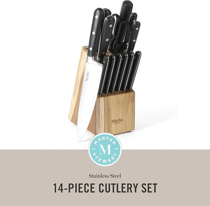 Martha Stewart Eastwalk 14 Piece High Carbon Stainless Steel Cutlery Knife Block Set w/ABS Triple Riveted Forged Handle Acacia Wood Block - Matte Black