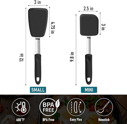 Silicone Spatula Turner Set of 2, GEEKHOM 600°F Heat Resistant Flexible Kitchen Small Spatulas Set for Nonstick Cookware, Cooking Utensils Non Scratch or Melting Flipper,Ideal for Egg,Pancake Baking