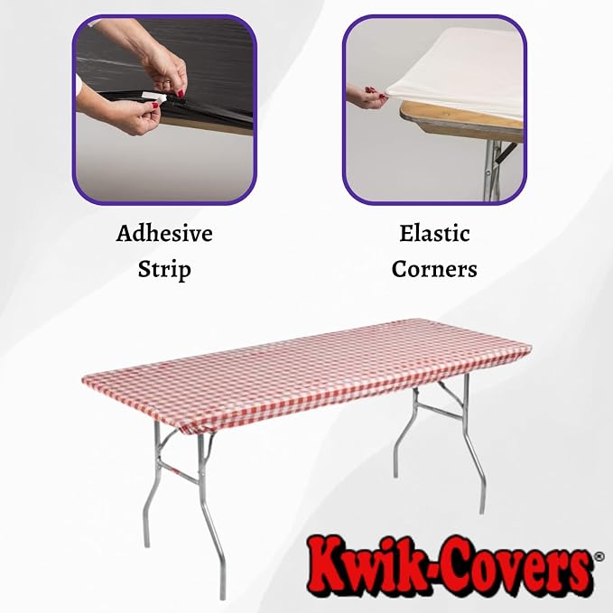 Kwik-Covers 8' Rectangle Plastic Table Covers 30" x 96", Bundle of 5 (Red Gingham)