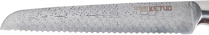 Ketuo Professional Chef Knife Damascus Carbon Steel with Laser Pattern Blade and Black Pakka Wood (8 Inch Bread Knife)