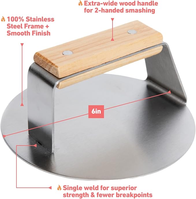 Sasquash Smash Burger Press, Heavy Duty Welded Meat Press Round, 6 Inch Stainless Steel, Flat Handle Hamburger Smasher Tool for Grill, Skillet, Cast Iron Cooking, Kitchen Accessories