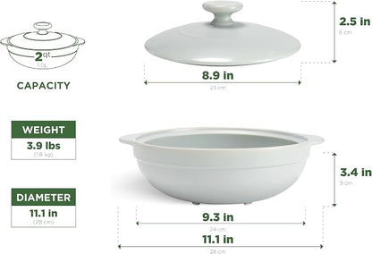 MINH LONG 2-Qt Porcelain Dutch Oven with Lid – Lead & Cadmium Free, Oven Safe to 482°F, Heat Retention, Clay Pot for Cooking on Gas & Infrared Cooktop, Use to Marinate, Cook, Bake, Refrigerate & Serve