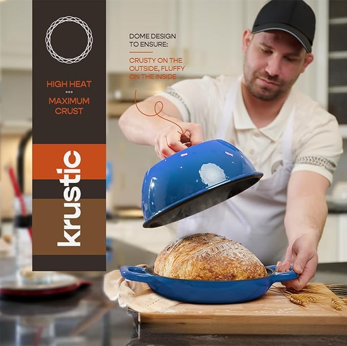 Krustic Enameled Cast Iron Dutch Oven for Sourdough Bread Baking | 6 Quart Round Pot with Lid | 10 Inch Ceramic Enamel Thick Coated Cookware Set with Non Stick Silicone Baking Mat for Cooking