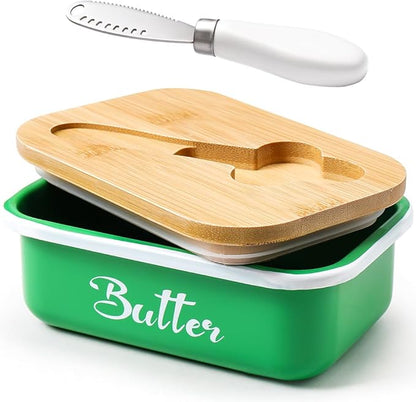 Butter Dish, Butter Dish with Lid for Countertop,Metal Butter Keeper with Stainless Steel Multipurpose Butter Knife, Large Butter Container with quality Silicone Good Kitchen Gift,Grass Green