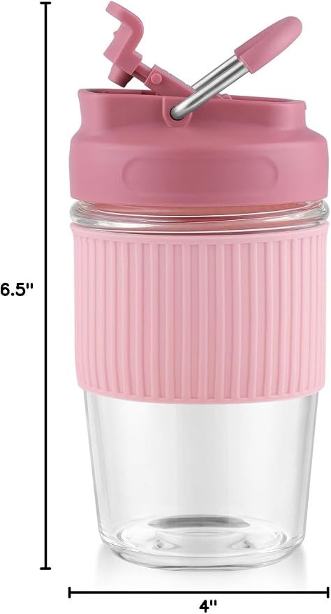 Sivaphe Reusable Glass Ice Hot Coffee Cup 16 oz, Portable Travel Mug with Spill-Proof Lid and Thermal Sleeve for Home Office Pink
