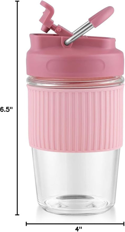 Sivaphe Reusable Glass Ice Hot Coffee Cup 16 oz, Portable Travel Mug with Spill-Proof Lid and Thermal Sleeve for Home Office Pink