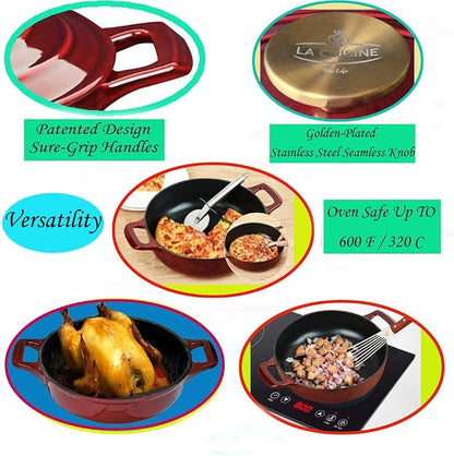 La Cuisine Enameled Cast Iron Braiser Shallow Dutch Oven Braising Sauté Pan 3.75 QT 11" Dia. Internal Matt Black Enamel Coating, Cranberry, Golden Lid Knob, Oven Safe, Induction Cooktop Compatible