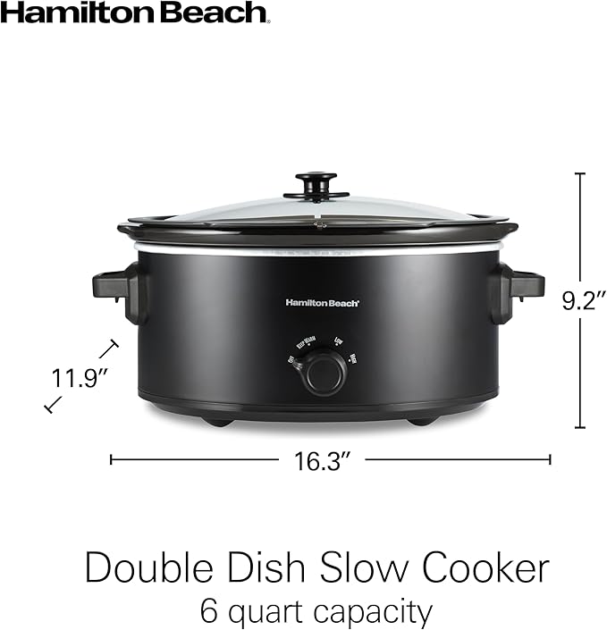Hamilton Beach Double Dish Slow Cooker with 6qt Crock and Dual 2.5qt Nonstick Insert to Cook Two Meals at Once, Serves 7+ People, Dishwasher Safe Pot & Lid, Black (33569)