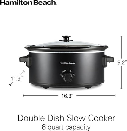 Hamilton Beach Double Dish Slow Cooker with 6qt Crock and Dual 2.5qt Nonstick Insert to Cook Two Meals at Once, Serves 7+ People, Dishwasher Safe Pot & Lid, Black (33569)