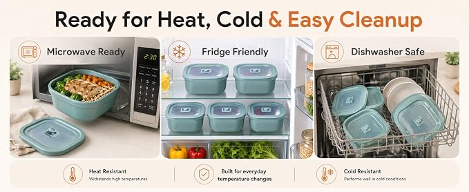 3 Pack Food Storage Containers with Easy-Open Vent Lids, Leak Resistant BPA-Free Meal Prep Containers, Microwave Freezer Dishwasher Safe, Stackable Food Containers, Tea Green，17oz 34oz 51oz