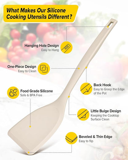 Pack of 4 Silicone Cooking Utensils Set, Non Stick Solid Spatulas and Heat Resistant Slotted Spoons with Back Hooks, Ideal BPA Free Kitchen Utensils Set for Frying,Serving,Turning,Stirring(KHAKI)