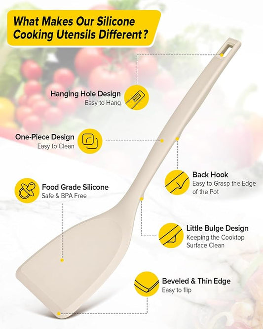 Pack of 4 Silicone Cooking Utensils Set, Non Stick Solid Spatulas and Heat Resistant Slotted Spoons with Back Hooks, Ideal BPA Free Kitchen Utensils Set for Frying,Serving,Turning,Stirring(KHAKI)
