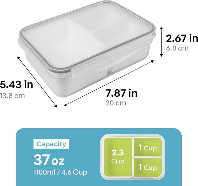 carrotez Food Storage Container with 3 Removable Compartments (Asymmetrical), Reusable, BPA Free, 4.64 Cup (1100ml)
