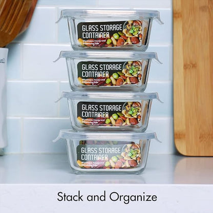 Square Glass Storage Container, Stackable BPA Free Airtight Seal Food Containers with Lids, Meal Prep Kitchen Organization and Storage, 5"x5" x 2.5", 17.6oz, 0.52L, White, 4 Pack