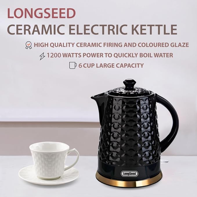 Ceramic Electric Kettle, 1.5L/1200W Boil Water Quickly and Easily with Boil-Dry Protection Auto Shut Off, Detachable Swivel Base, Black Relief Carving