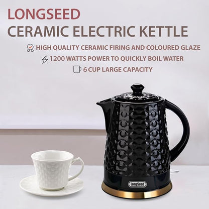 Ceramic Electric Kettle, 1.5L/1200W Boil Water Quickly and Easily with Boil-Dry Protection Auto Shut Off, Detachable Swivel Base, Black Relief Carving