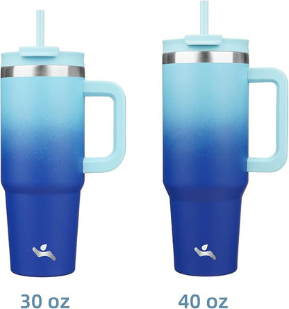 Konokyo 40 oz Tumbler with Handle and 2 Straws,2 in 1 Lid Insulated Water Bottle Stainless Steel Travel Coffee Mug,Sky