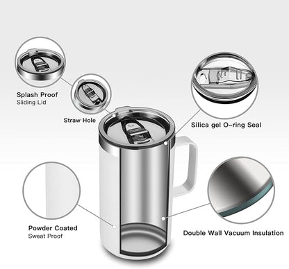 KXIAOCHEN 20oz Insulated Coffee Mug with Lid, Stainless Steel Coffee Cup, Double Wall Vacuum Coffee Tumbler with Handle, Premium Thermal Travel Coffee Mug (Pearl White)