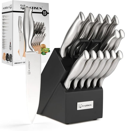 Kitchen Knife Set, 15 Pieces Knife Set with Block, Knives Set for Kitchen, Silver Hollow Ergonomic Handle for Chef Knife Set, Kitchen Shears,Black Knife Block Set, HM2201T-15B