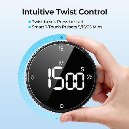 Digital Kitchen Timer, Large Display Magnetic Countdown Countup Timer, 3 Preset Times (5, 15, 25),Volume & Brightness Adjustable for Cooking Classroom Studying, Easy for Kids(Gunmetal 1PCS)