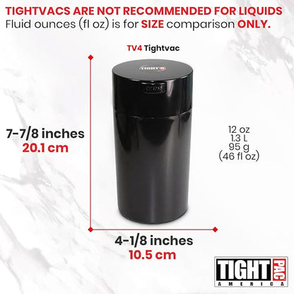 Tightvac 3 to 12 Ounces Airtight Smell Proof Container - Patented Vacuum Seal, Storage for Coffee, Herbs, Tea, Spices, Dry Goods - Odor Resistant Vacuum Jar, Black
