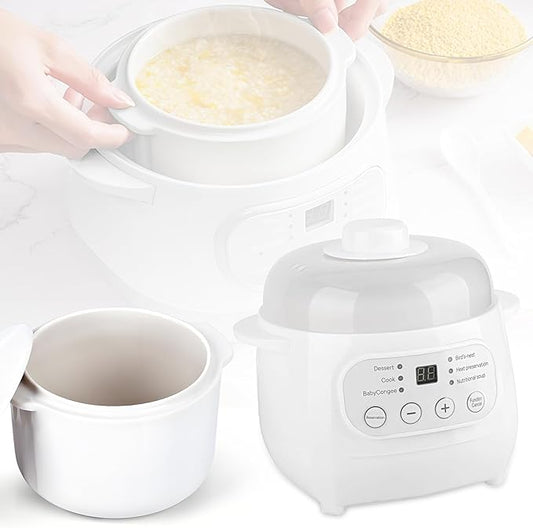 White 1L Mini Slow Cooker with Steamer Basket, 24-Hour Timer and Automatic Keep-Warm Function, 200W Smart Ceramic Electric Slow Cooker, Kitchen Cooking Appliance